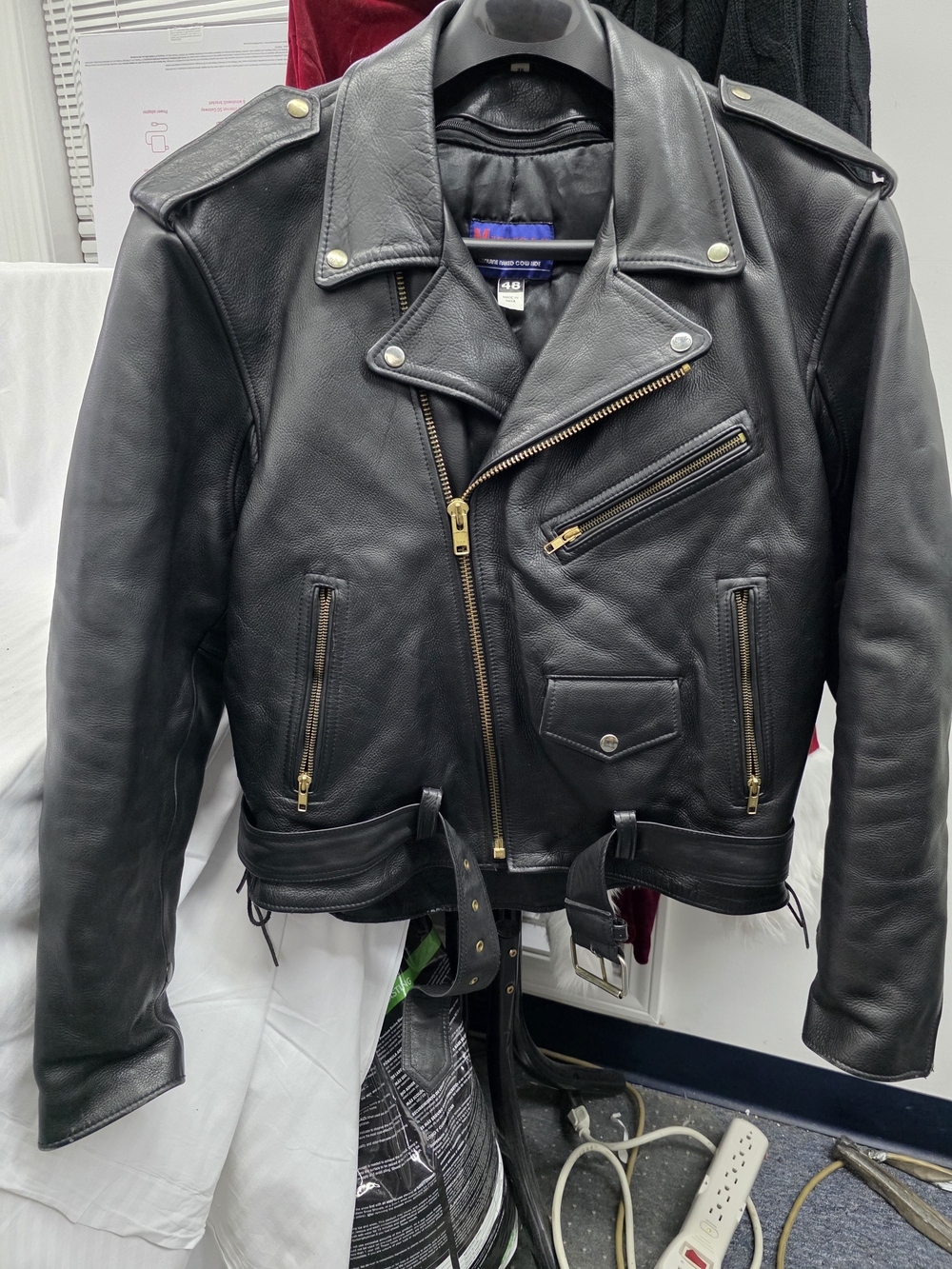 Men's Black Leather Biker Jacket with Gold Hardware